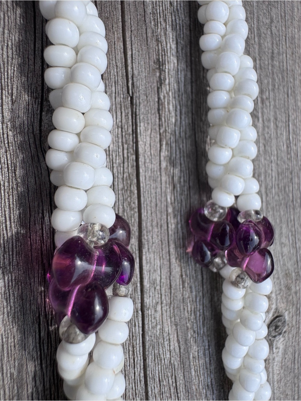 Handcrafted Twisted White Bead Necklace with Purple glass/amethyst